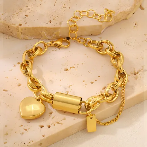 Bracelet Collier Chaîne en Acier Inoxydable Cœur pour Femmes Hommes Bijoux en Acier Titane Plaqué Or Argent Cadeau