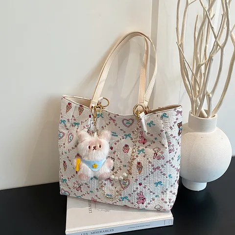 Bolso Tote Acolchado con Estampado de Dibujos Animados para Mujer con Correa de Cadena de Perlas Artificiales y Colgante de Peluche Bolso de Hombro Cuadrado