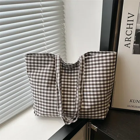 Women Large Capacity Gingham Canvas Tote Bag Summer Casual Checkered Shoulder Bag For Students School Beach Shopping Travel Handbag