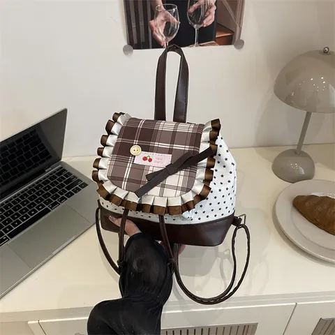 Damen Mini Rucksack PU Leder Segeltuch Sternenmuster Kariertes Design Rüschenbesatz Schleife Mädchen Mode Schultasche