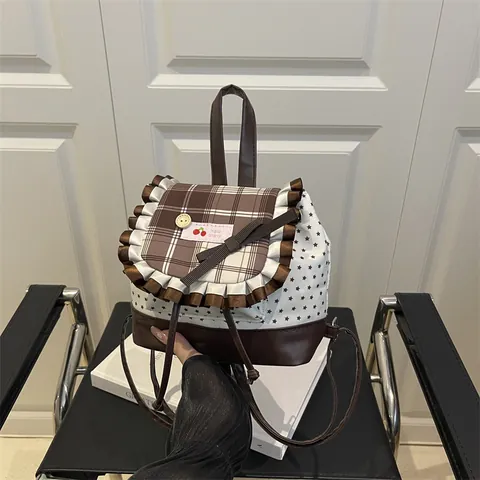 Damen Mini Rucksack PU Leder Segeltuch Sternenmuster Kariertes Design Rüschenbesatz Schleife Mädchen Mode Schultasche