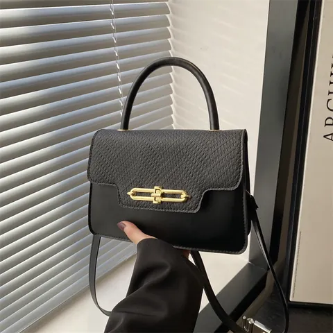 Vintage PU Leather Crossbody Bag Women Textured Square Handbag With Metal Lock Adjustable Strap Daily Casual Commute Bag