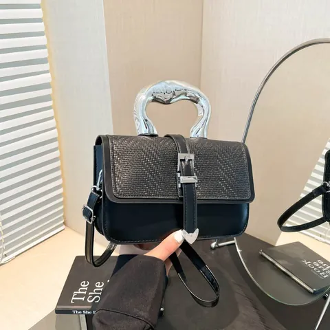 Women's Fashion PU Leather Fabric Patchwork Underarm Bag Irregular Silver Metal Handle Woven Flap Shoulder Crossbody Handbag