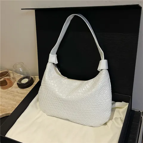 Women Woven Underarm Bag PU Leather Large Capacity Hobo Bag Fashion Minimalist Zipper Shoulder Bag Gold Red Silver White Black