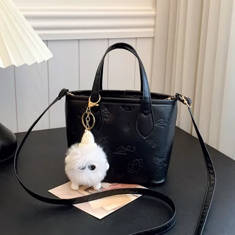 Women Fashion PU Leather Bucket Bag Large Capacity Cartoon Printed Embossed Shoulder Crossbody Bag With Plush Monster Charm