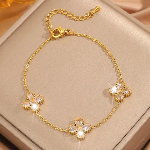 Four Leaf Clover Bracelet Stainless Steel Inlaid Pear Shaped Cubic Zirconia Adjustable Fashion Jewelry Gift Women