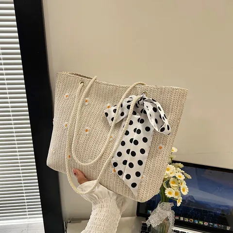 Damen Stroh Gewebte Tote Bag Gänseblümchen Stickerei Große Kapazität Sommer Strand Umhängetasche Mit Punktmuster Bogen Handtasche