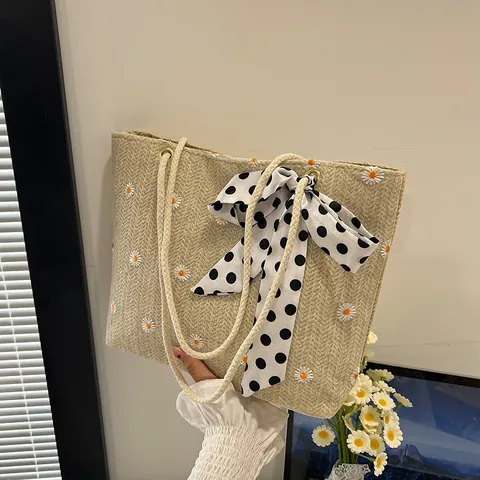 Damen Stroh Gewebte Tote Bag Gänseblümchen Stickerei Große Kapazität Sommer Strand Umhängetasche Mit Punktmuster Bogen Handtasche