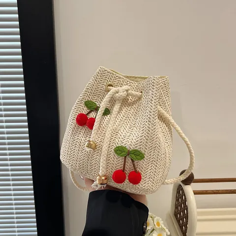 Women's Casual Hand-Woven Straw Bucket Bag 3D Cherry Sunflower Decor Summer Beach Vacation Drawstring Small Tote Purse