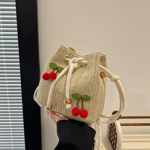 Women's Casual Hand-Woven Straw Bucket Bag 3D Cherry Sunflower Decor Summer Beach Vacation Drawstring Small Tote Purse