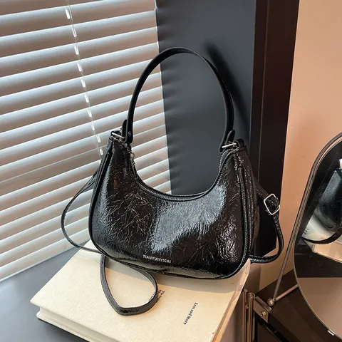 Vintage Glossy Crinkled PU Leather Hobo Bag For Women Half Moon Underarm Shoulder Bag With Adjustable Strap Retro Minimalist Style