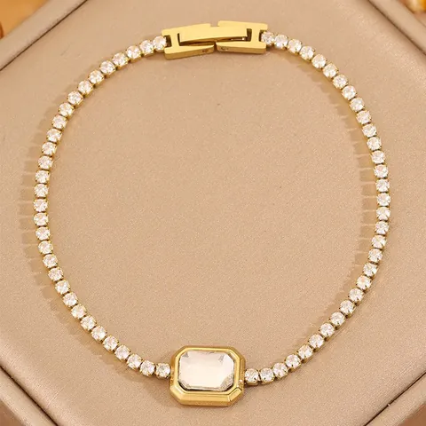 Bracelet Tennis Luxueux en Acier Inoxydable pour Femme Taille Émeraude Rectangulaire Zircone Plaqué Or Argent