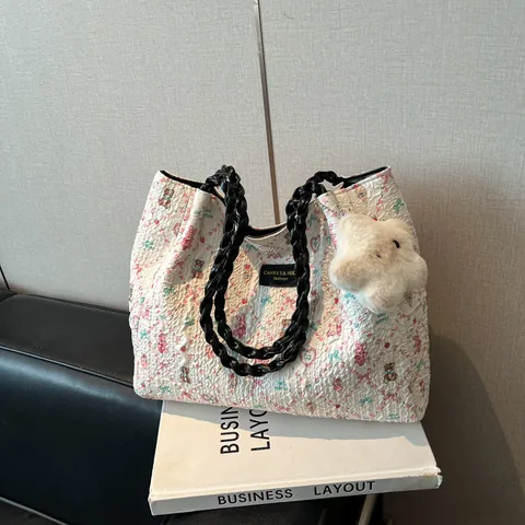 Borsa Tote da Donna Con Stampa Orsetto Cartone Animato Borsa a Mano Trapuntata Con Manici Intrecciati e Pendaglio Stella