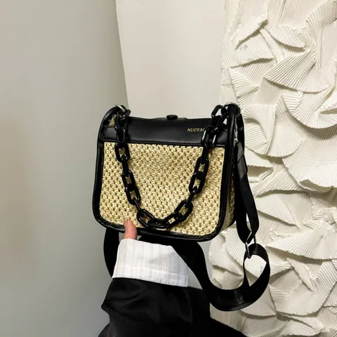 Women Woven Straw Crossbody Bag Contrast Color Synthetic Leather Splicing Small Square Bag With Resin Chain Wide Strap