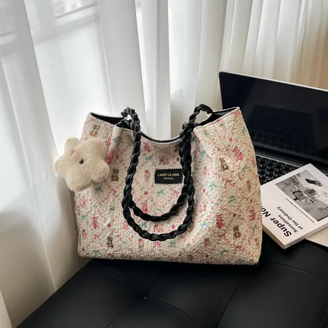 Borsa Tote da Donna Con Stampa Orsetto Cartone Animato Borsa a Mano Trapuntata Con Manici Intrecciati e Pendaglio Stella