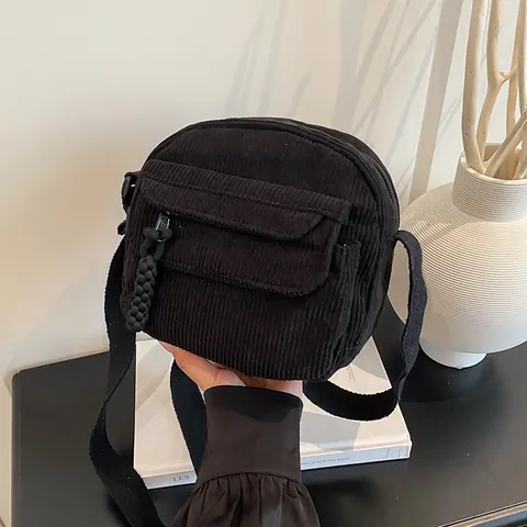 Women Corduroy Crossbody Bag Small Square Shoulder Bag With Flap Pocket Braided Zipper Pull Vintage Minimalist Daily Satchel