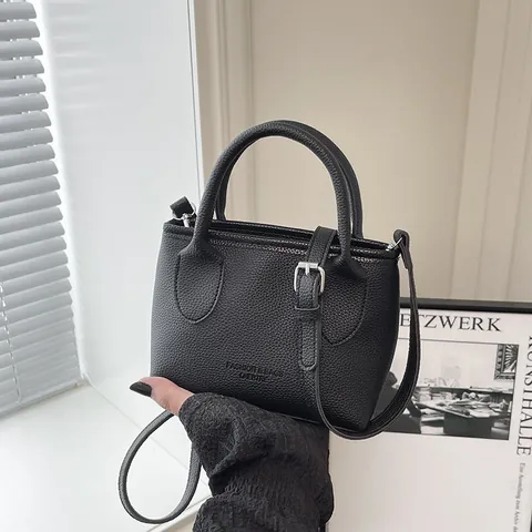 Women Fashion PU Leather Lychee Pattern Small Square Crossbody Bag Versatile Minimalist Handbag With Artificial Pearl Lace Bow Pendant