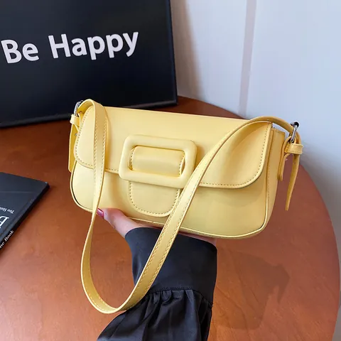 Minimalist PU Leather Underarm Bag For Women Retro Solid Color Square Buckle Shoulder Bag Fashion Baguette Bag Daily Travel