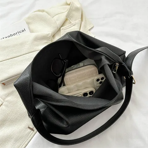 Vrouwen Grote Capaciteit PU Leer Schoudertas Gekorrelde Textuur Minimalistisch Vintage Hobo Tote Tas Voor Dagelijks Woon-werkverkeer Casual