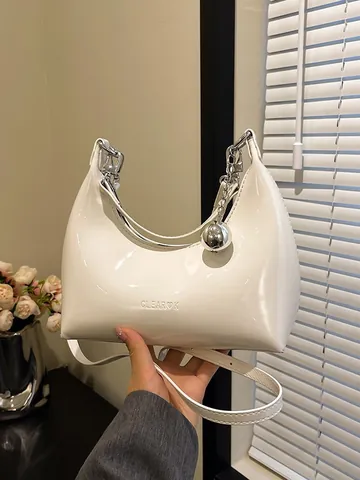 Glossy PU Leather Hobo Bag For Women Chic Crescent Underarm Shoulder Bag With Metallic Ball Pendant Solid Color Purse