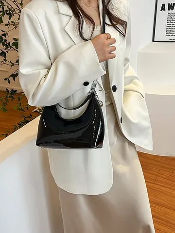 Glossy PU Leather Hobo Bag For Women Chic Crescent Underarm Shoulder Bag With Metallic Ball Pendant Solid Color Purse