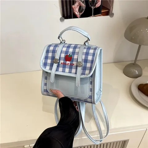 Zainetto Mini da Donna Gingham in Pelle PU a Scacchi Con Ricamo di Mela Rossa Borsa a Mano per Scuola Viaggio Spalla