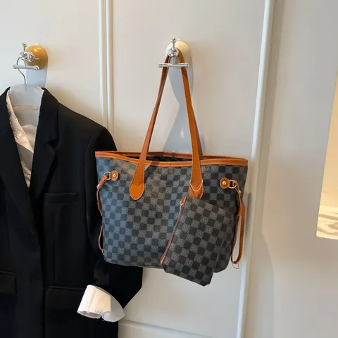 Borsa Tote da Donna di Grande Capacità Con Mini Pochette a Scacchiera in Pelle PU Borsa a Tracolla per Lavoro Shopping Casual