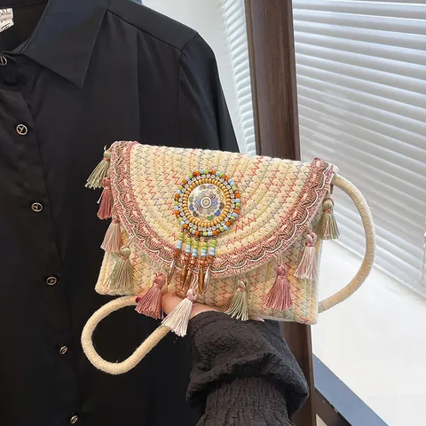 Boheems Geweven Stro Crossbody Tas Voor Dames Handgemaakte Kwastjes Mandala Kralen Decoratie Zomer Strand Vakantie Etnische Stijl Handtas