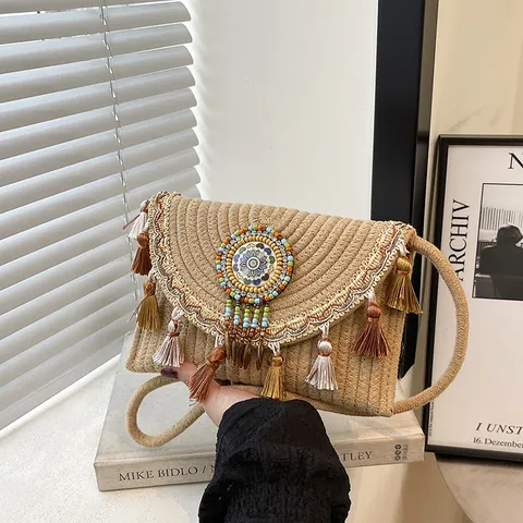 Borsa a Tracolla in Paglia Tessuta Stile Etnico Bohémien Con Nappe Perline Borsa a Spalla Pochette Donna Vacanze Estive
