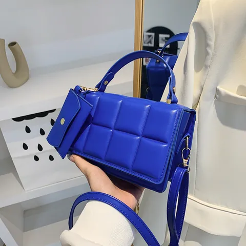 Fashion Women Quilted Crossbody Bag PU Leather Padded Square Handbag With Removable Small Pouch Solid Color Daily Shoulder Bag