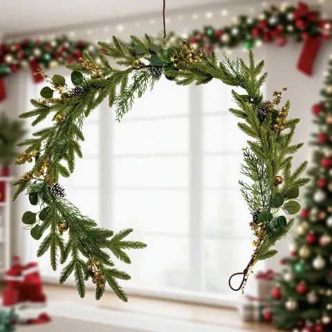 Künstliche Weihnachtsgirlande Mit Warmen LED-Leuchten Kiefernzapfen Sterne Beeren Für Feiertage Zuhause Fenster Treppen Dekoration