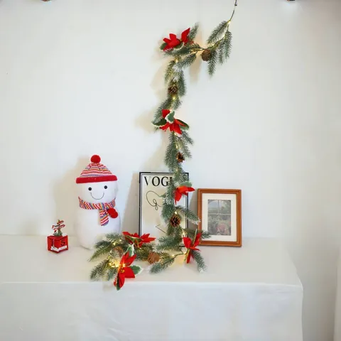 Guirnalda De Navidad Artificial Con Agujas De Pino Nevadas Flores De Poinsettia Rojas Piñas Naturales Luces LED Cálidas