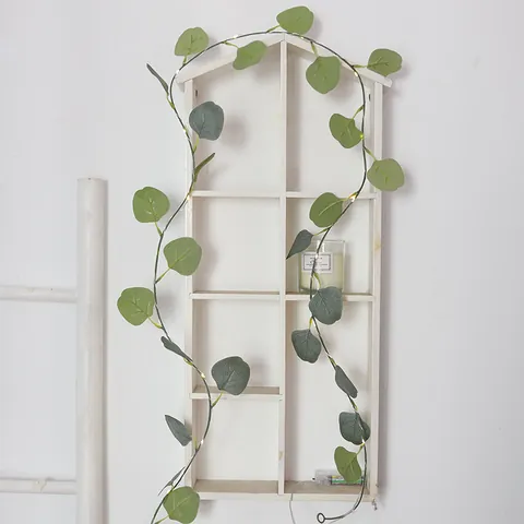 Artificial Eucalyptus Rattan LED String Lights Silk Fabric Green Leaves Garland Copper Wire Warm White Battery Powered For Home Wedding Party Hanging Decor