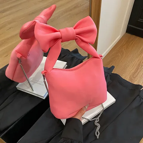 Borsa a Tracolla alla Moda con Fiocco per Donna 2025 Nuova Tendenza Raso Pelle PU Catena Borsa a Mano Piccola Regalo