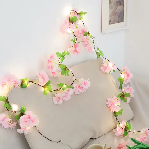 Guirnalda de Luces LED de Ratán con Flores de Cerezo Nórdico Enredadera de Flores de Seda Artificial Decoración de Hojas Verdes para Hogar Boda Fiesta