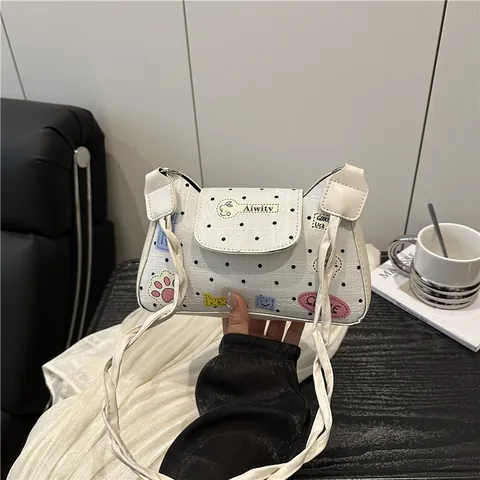 Bolso de Hombro de Moda con Lunares para Mujer Cuero PU con Lindos Parches de Dibujos Animados Bolso Bandolera Pequeño Casual