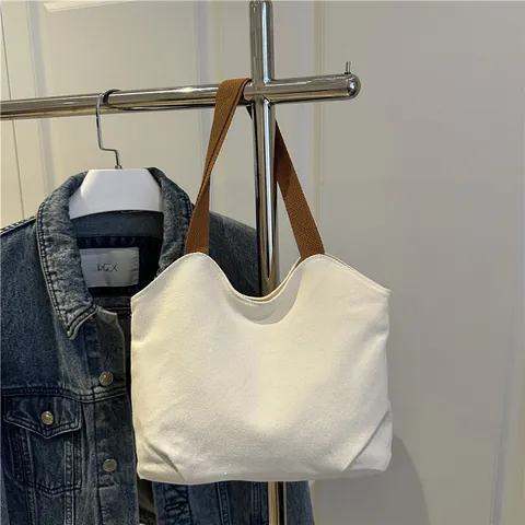 Women Minimalist Canvas Tote Bag Wave Opening Casual Solid Color Shoulder Bag Versatile Large Capacity Handbag For Daily Commuting Student