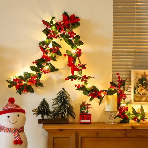 Ghirlanda Natalizia Artificiale Con Bacche Rosse Fiori di Poinsettia Luci a Stringa LED Decorazione per Camino Albero di Natale