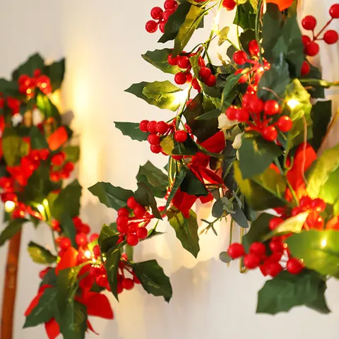 Ghirlanda Natalizia Artificiale Con Bacche Rosse Fiori di Poinsettia Luci a Stringa LED Decorazione per Camino Albero di Natale