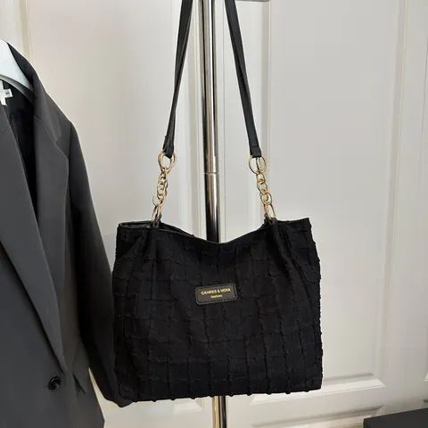 Borsa Tote da Donna a Grande Capacità Urbana Minimalista in Tessuto Tweed con Trama a Nido d'Ape e Tracolla a Catena