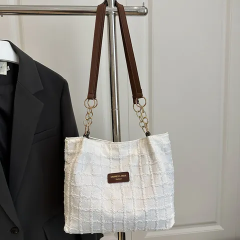 Borsa Tote da Donna a Grande Capacità Urbana Minimalista in Tessuto Tweed con Trama a Nido d'Ape e Tracolla a Catena