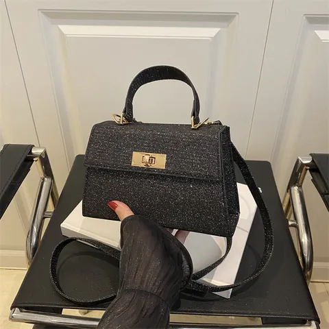 Women's Korean Fashion Sequined Crossbody Bag With Top Handle Gold Metal Lock Small Square Handbag For Daily Party Commuter