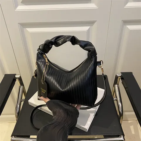 Women Pleated PU Leather Shoulder Bag Ruched Cloud Handle Solid Color Zipper Handbag Detachable Strap Crossbody Bag Casual Bag