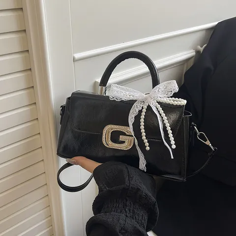 Women Glossy PU Leather Square Handbag With Rhinestone G Buckle Lace Pearl Bow Decoration Crossbody Shoulder Bag For Party