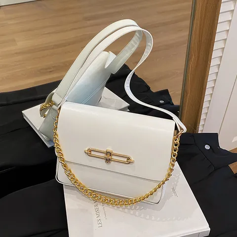 Women Minimalist PU Leather Shoulder Bag With Gold Metal Chain And Long Padlock Solid Color Fashion Crossbody Bag For Daily