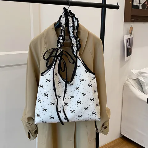 Bolso Tote de Mujer Dulce con Estampado de Lazos y Lunares Asa con Volantes Bolso de Hombro de Tejido Compuesto Blanco
