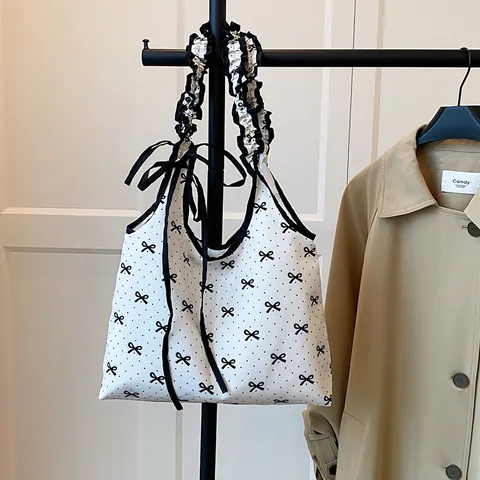 Bolso Tote de Mujer Dulce con Estampado de Lazos y Lunares Asa con Volantes Bolso de Hombro de Tejido Compuesto Blanco
