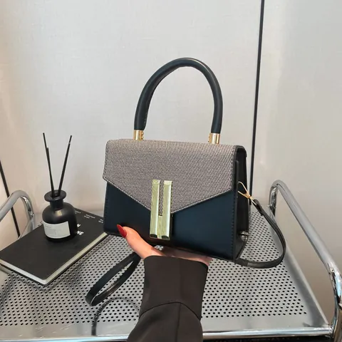 Women Fashion Color Block PU Leather Small Square Bag Crossbody Shoulder Handbag With Weaving Texture Flap Metal Buckle Commute