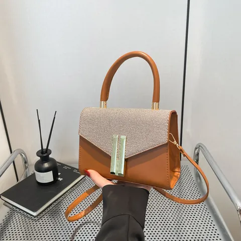 Women Fashion Color Block PU Leather Small Square Bag Crossbody Shoulder Handbag With Weaving Texture Flap Metal Buckle Commute