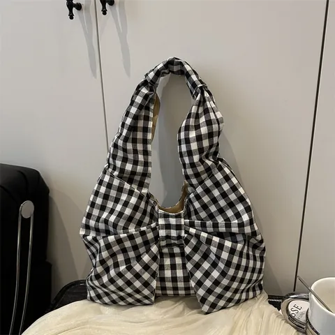 Women's Large Bow Tote Bag Gingham Check Shoulder Handbag Fashion Fabric Ruched Hobo Bag Casual Commuting Purse For Girls